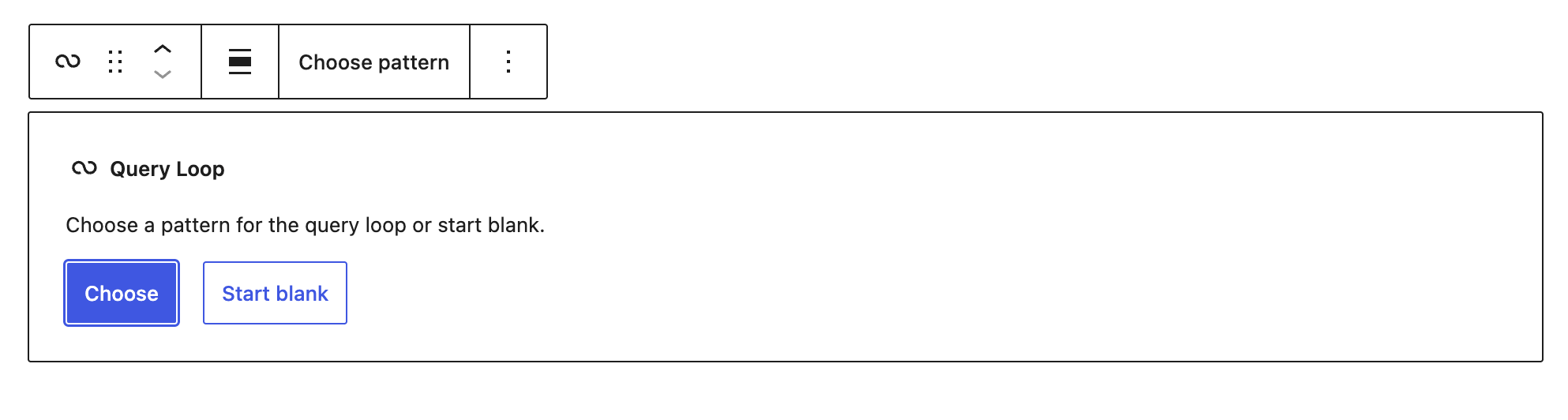 Query Loop options when first adding to the page to choose a pattern or start blank with default layouts.