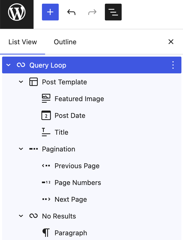 Query Loop open in List View showing the post template, featured image, post title, title, pagination, and no results block.