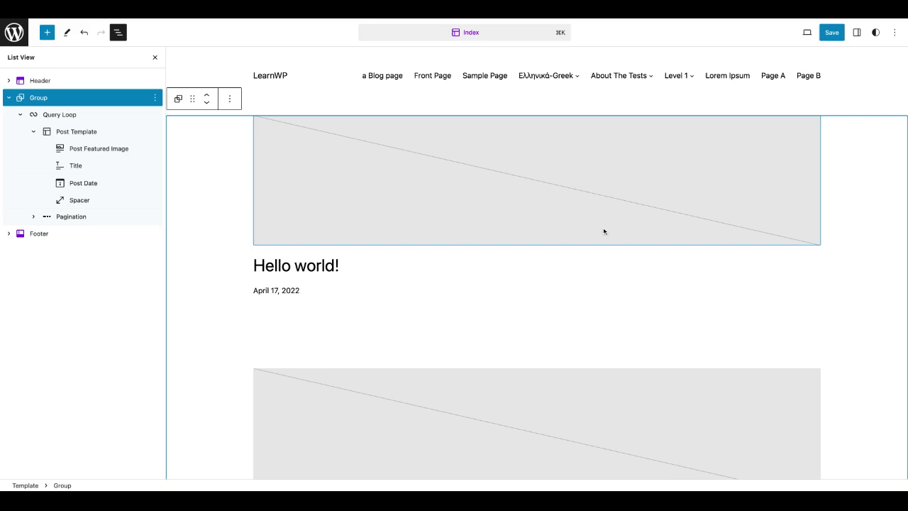 Post excerpt blocks are added inside query loop from template.