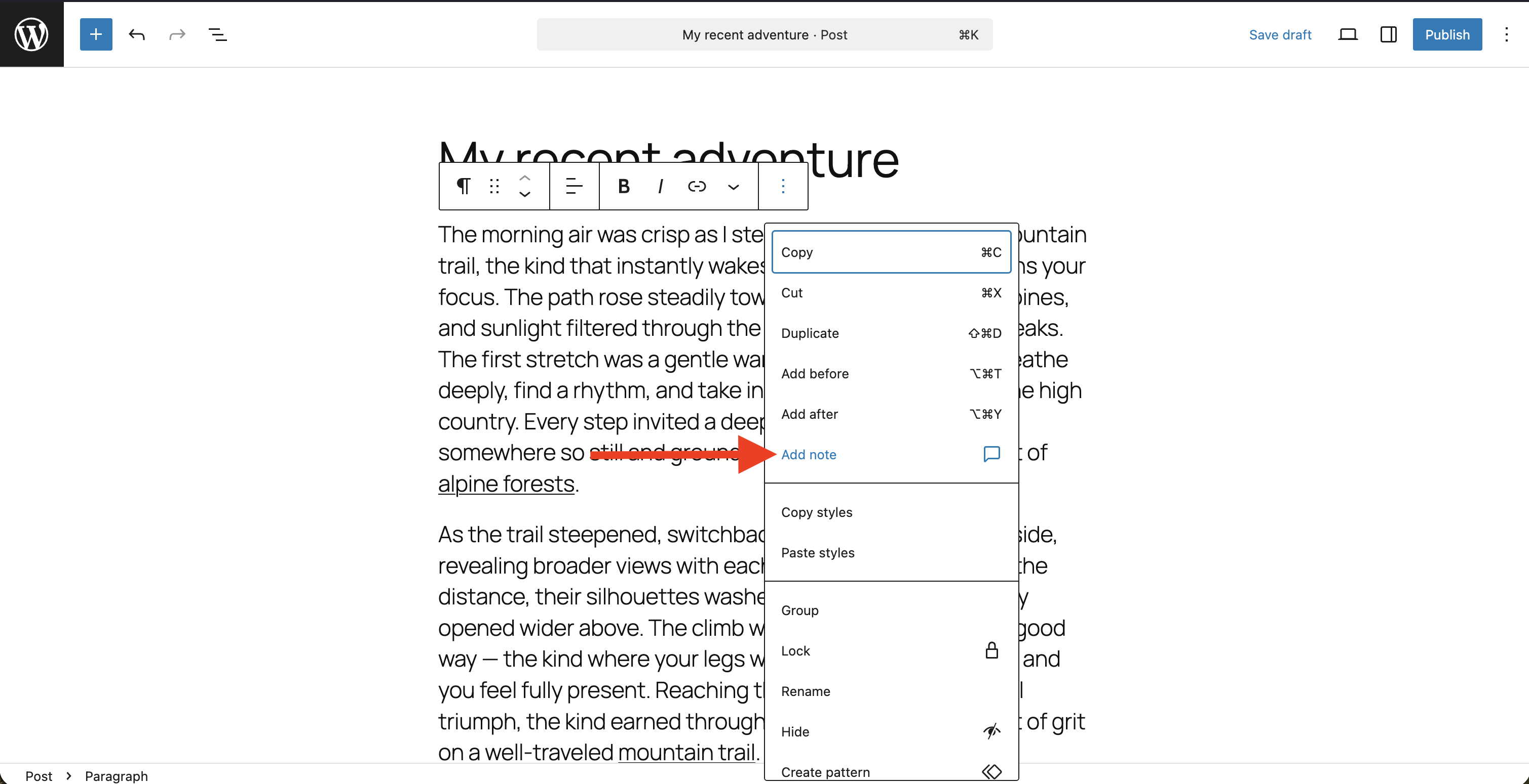 Block toolbar opened with an arrow pointing to the Add Note option.