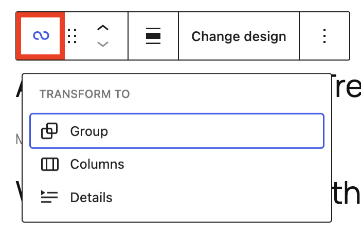 Transform dropdown settings in the Query Loop showing Group, Columns, and Details.